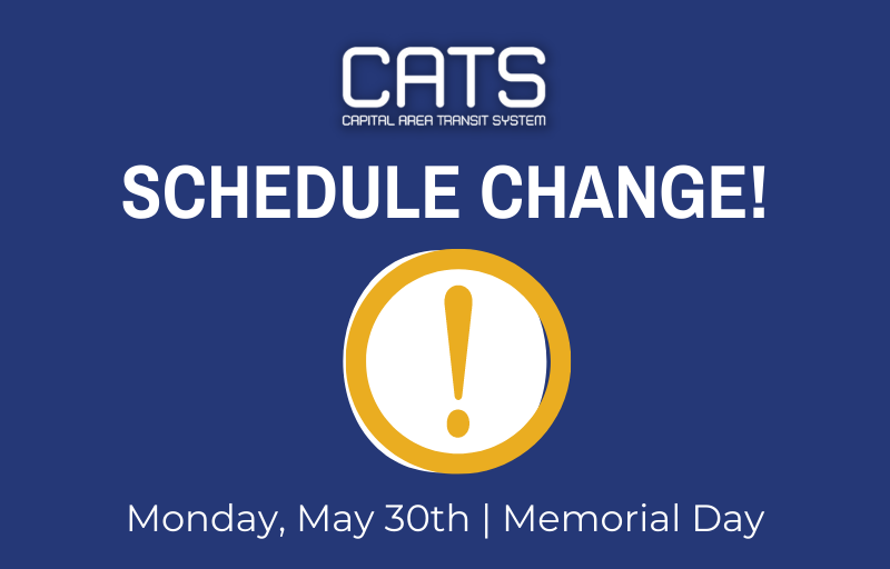 Blue background with white text: "Schedule change! Monday, May 30th | Memorial Day" Graphic in center- a white circle with yellow exclamation mark.